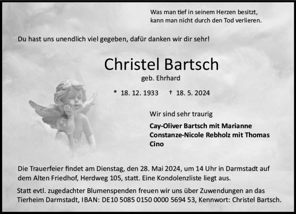  Traueranzeige für Christel Bartsch vom 25.05.2024 aus Darmstädter Echo
