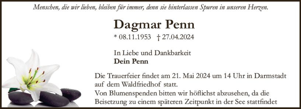  Traueranzeige für Dagmar Penn vom 18.05.2024 aus Darmstädter Echo