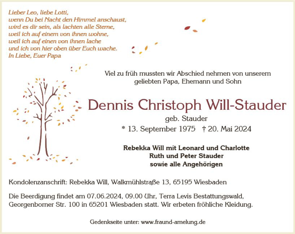  Traueranzeige für Dennis Christoph Will-Stauder vom 25.05.2024 aus Wiesbadener Kurier