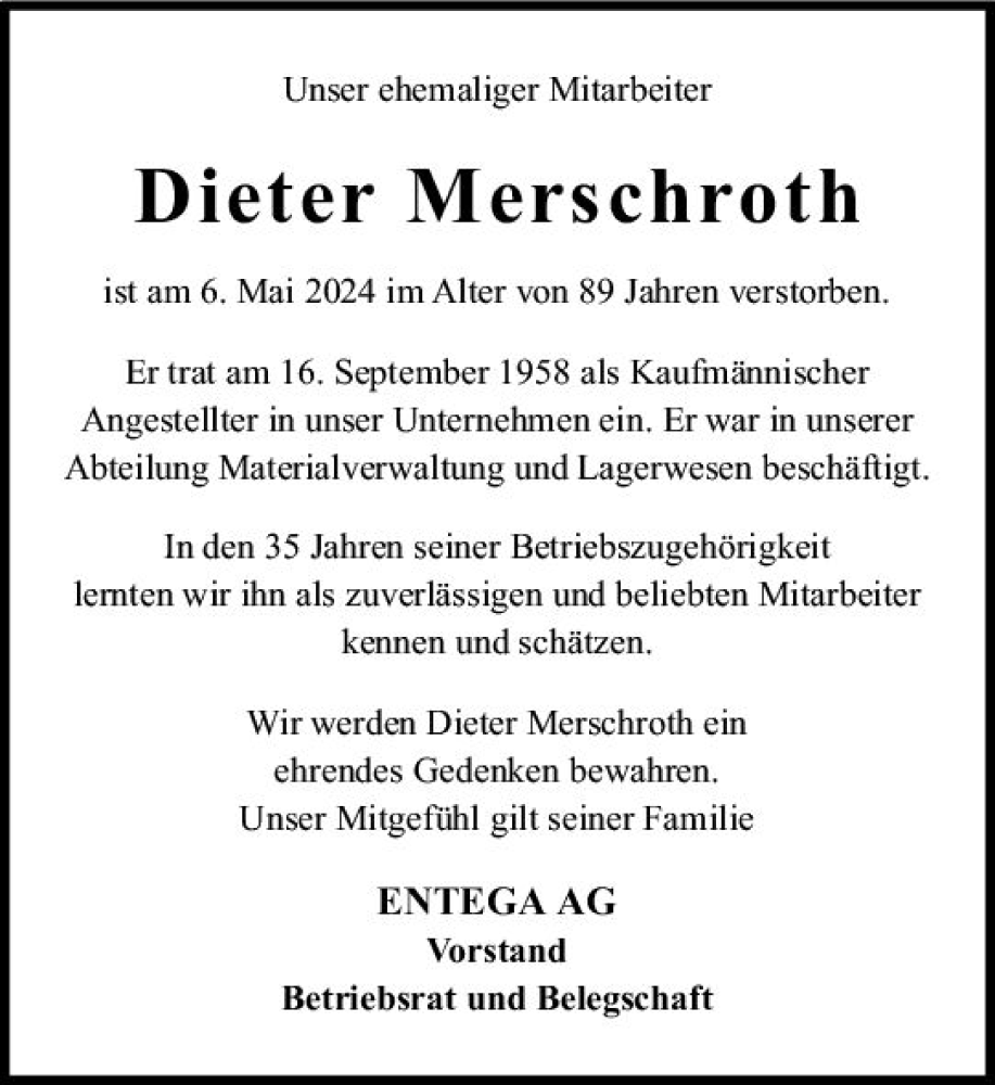  Traueranzeige für Dieter Merschroth vom 25.05.2024 aus Odenwälder Echo