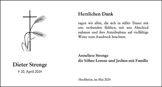 Traueranzeige von Dieter Strenge von Hochheimer Zeitung