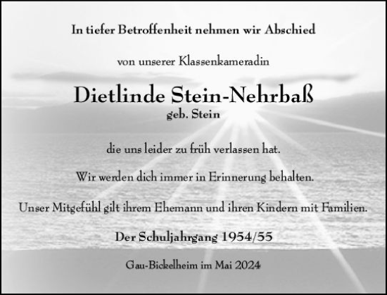 Traueranzeige von Dietlinde Stein-Nehrbaß von Allgemeine Zeitung Alzey