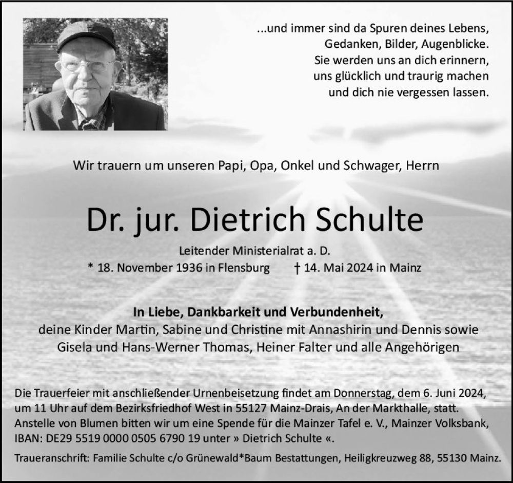  Traueranzeige für Dietrich Schulte vom 25.05.2024 aus Allgemeine Zeitung Mainz