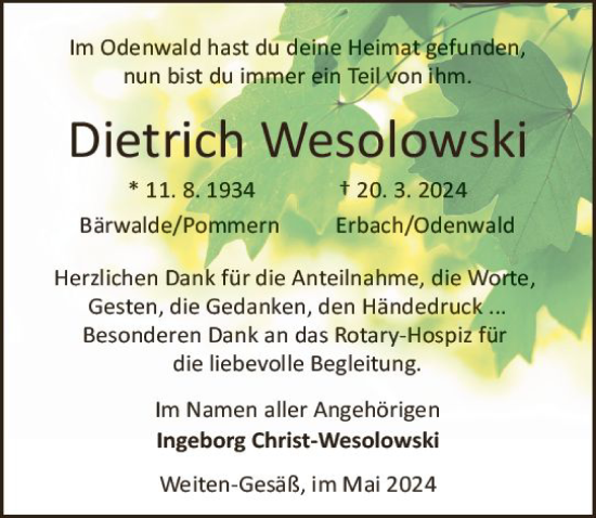 Traueranzeige von Dietrich Wesolowski von Odenwälder Echo