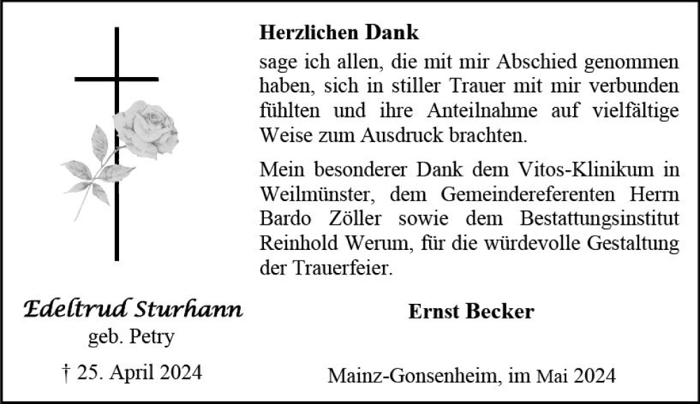  Traueranzeige für Edeltrud Sturhann vom 25.05.2024 aus Allgemeine Zeitung Mainz