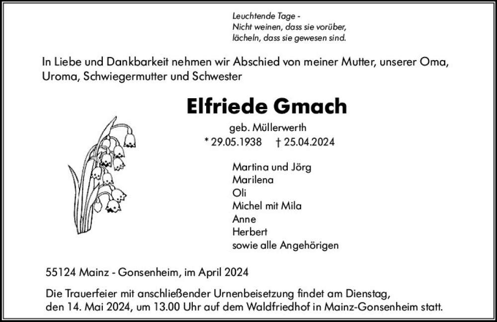  Traueranzeige für Elfriede Gmach vom 04.05.2024 aus Allgemeine Zeitung Mainz