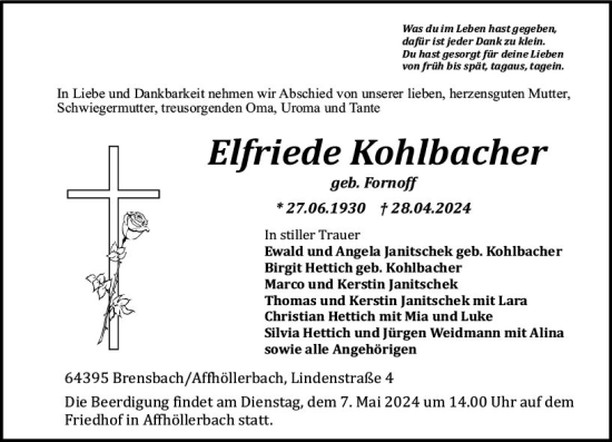 Traueranzeige von Elfriede Kohlbacher von Odenwälder Echo