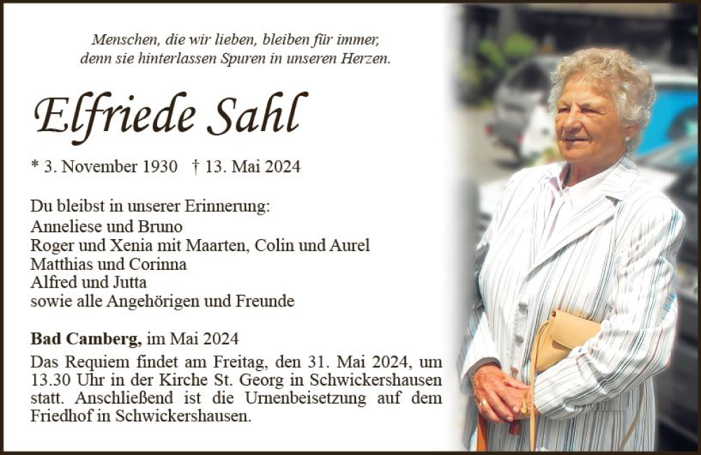  Traueranzeige für Elfriede Sahl vom 23.05.2024 aus Camberger Anzeiger