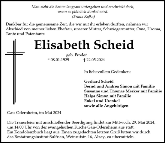 Traueranzeige von Elisabeth Scheid von Allgemeine Zeitung Alzey