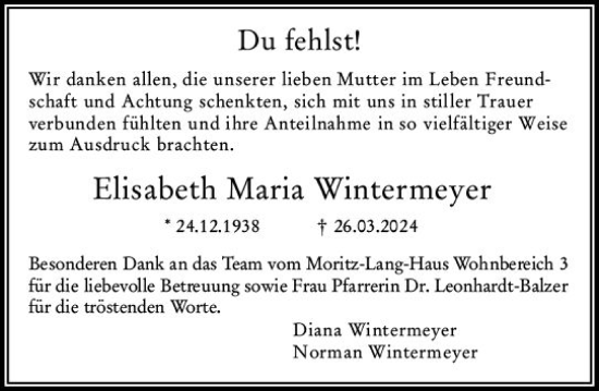 Traueranzeige von Elisabeth Maria Wintermeyer von Wiesbadener Kurier