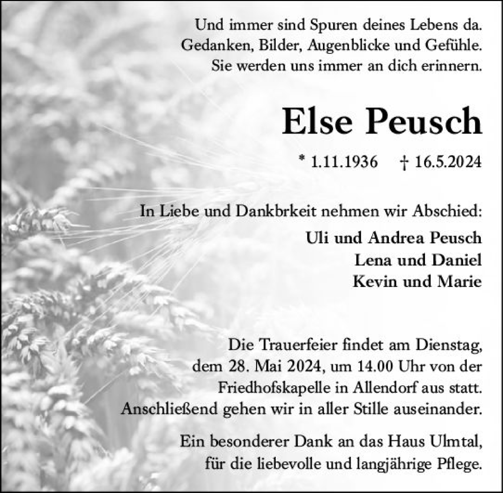  Traueranzeige für Else Peusch vom 25.05.2024 aus Dill Block