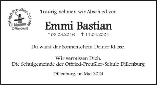 Traueranzeige von Emmi Bastian von Dill Block
