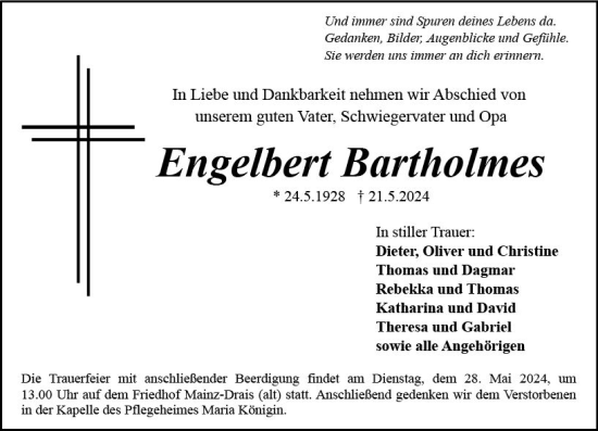Traueranzeige von Engelbert Bartholmes von Allgemeine Zeitung Mainz