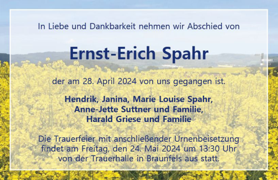 Traueranzeige von Enst-Erich Spahr von Weilburger Tageblatt