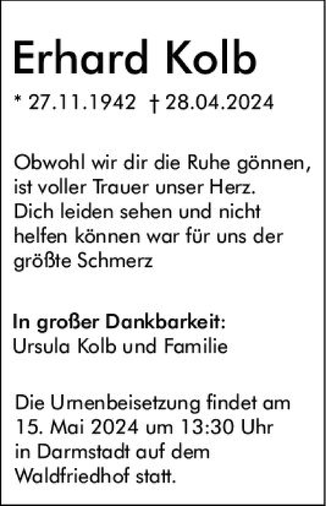  Traueranzeige für Erhard Kolb vom 04.05.2024 aus Darmstädter Echo
