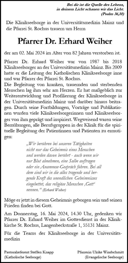  Traueranzeige für Erhard Weiher vom 11.05.2024 aus Allgemeine Zeitung Mainz