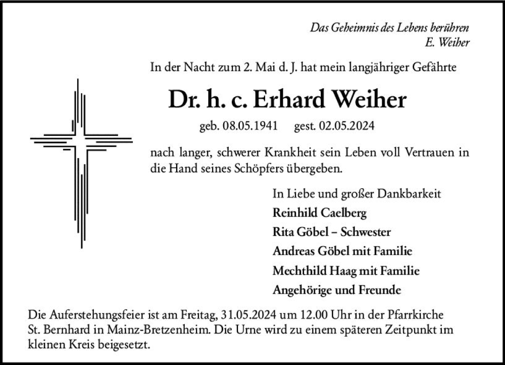  Traueranzeige für Erhard Weiher vom 25.05.2024 aus Allgemeine Zeitung Mainz