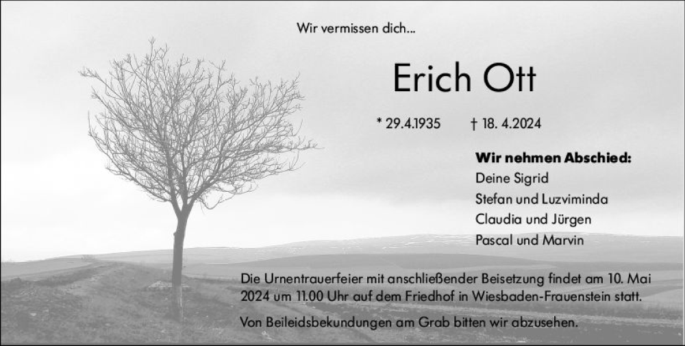  Traueranzeige für Erich Ott vom 04.05.2024 aus Wiesbadener Kurier