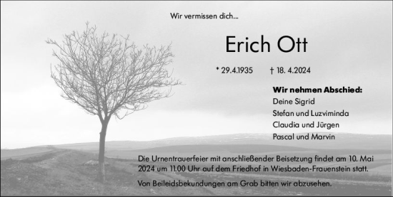 Traueranzeige von Erich Ott von Wiesbadener Kurier