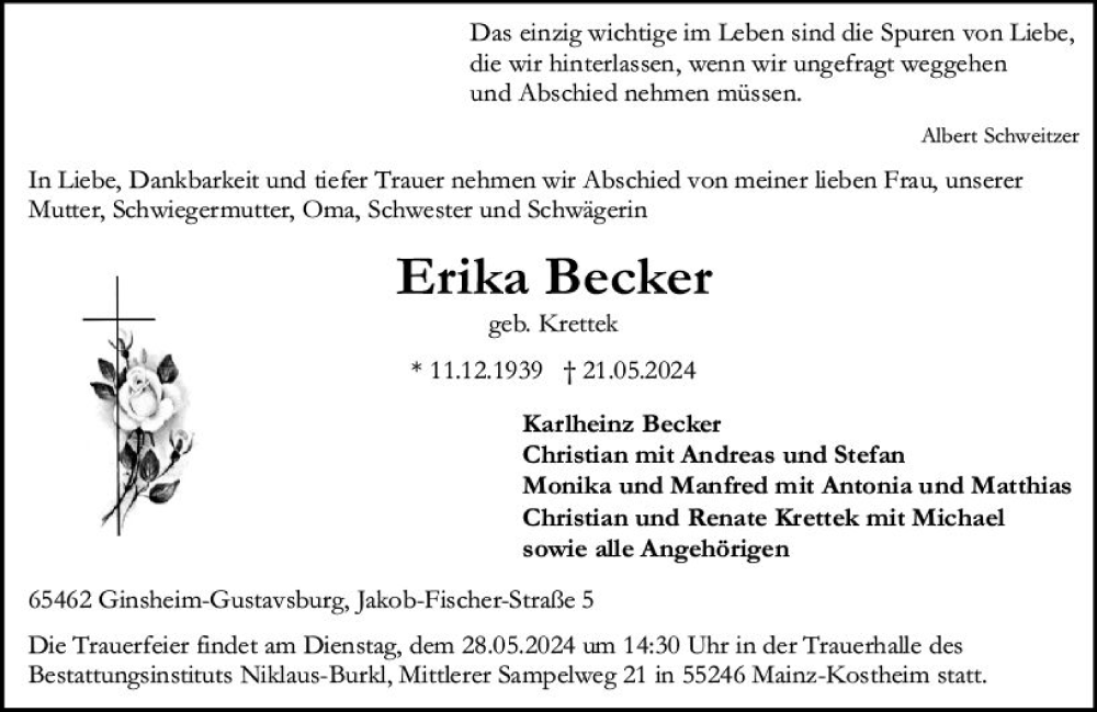  Traueranzeige für Erika Becker vom 25.05.2024 aus Allgemeine Zeitung Mainz