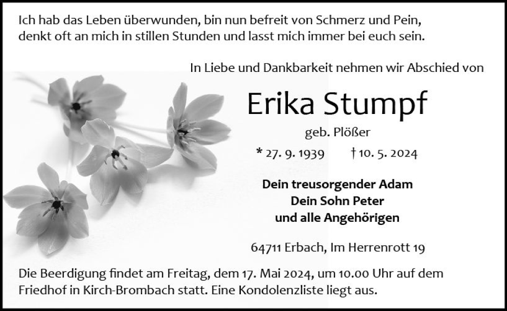  Traueranzeige für Erika Stumpf vom 15.05.2024 aus Odenwälder Echo