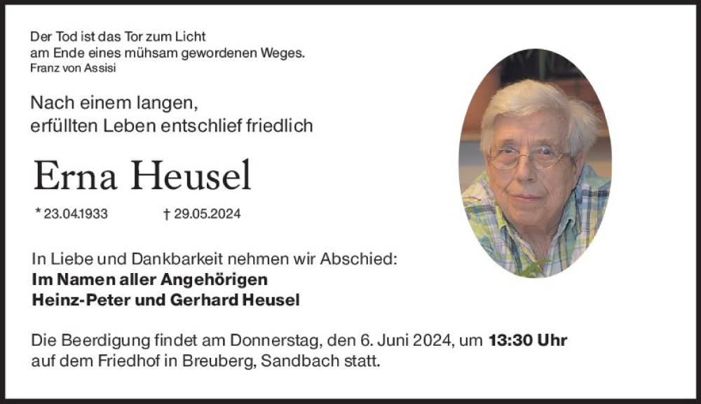  Traueranzeige für Erna Heusel vom 01.06.2024 aus Odenwälder Echo
