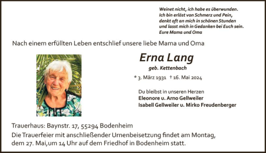 Traueranzeige von Erna Lang von Allgemeine Zeitung Mainz
