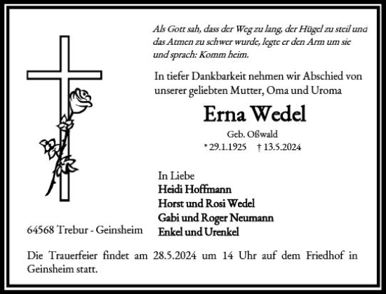 Traueranzeige von Erna Wedel von Groß-Gerauer Echo