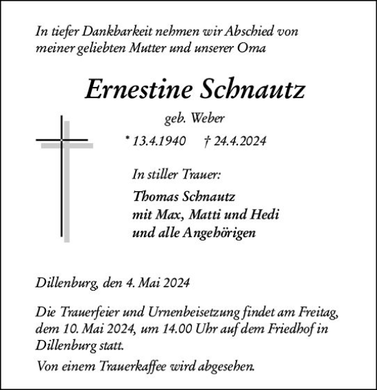 Traueranzeige von Ernestine Schnautz von Dill Block