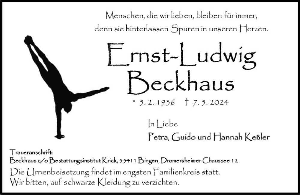  Traueranzeige für Ernst-Ludwig Beckhaus vom 18.05.2024 aus Allgemeine Zeitung Bingen/Ingelheim