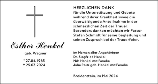 Traueranzeige von Esther Henkel von Hinterländer Anzeiger