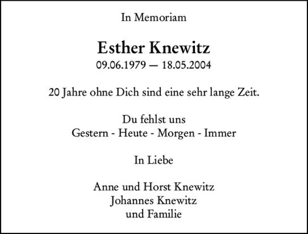  Traueranzeige für Esther Knewitz vom 18.05.2024 aus Allgemeine Zeitung Bingen/Ingelheim