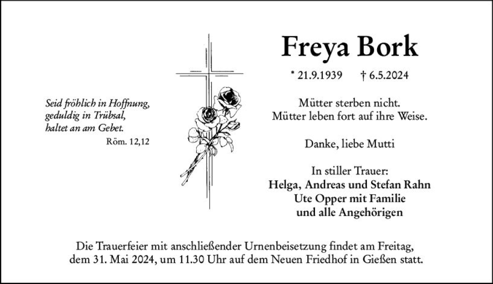  Traueranzeige für Freya Bork vom 25.05.2024 aus Wetzlarer Neue Zeitung