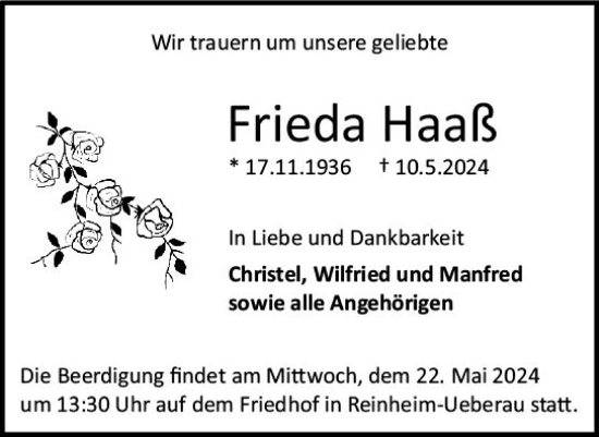 Traueranzeige von Frieda Haaß von Darmstädter Echo