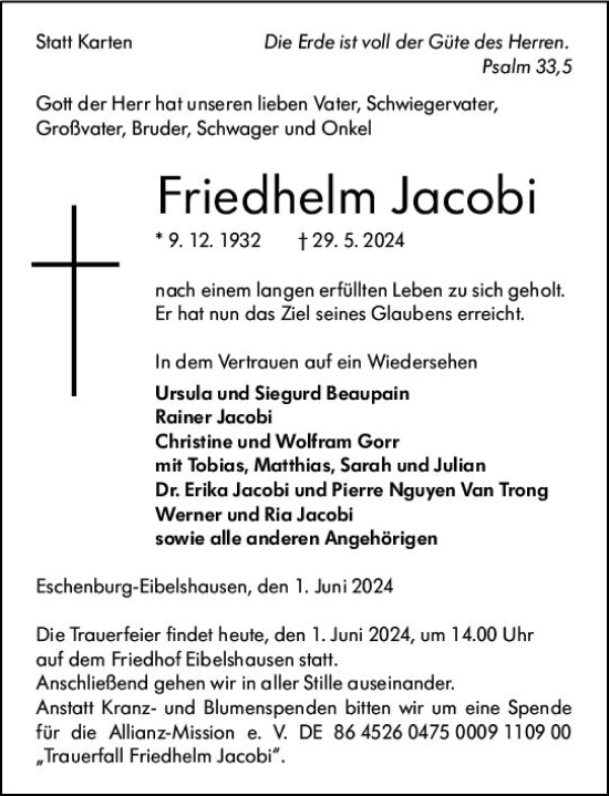 Traueranzeige von Friedhelm Jacobi von Dill Block
