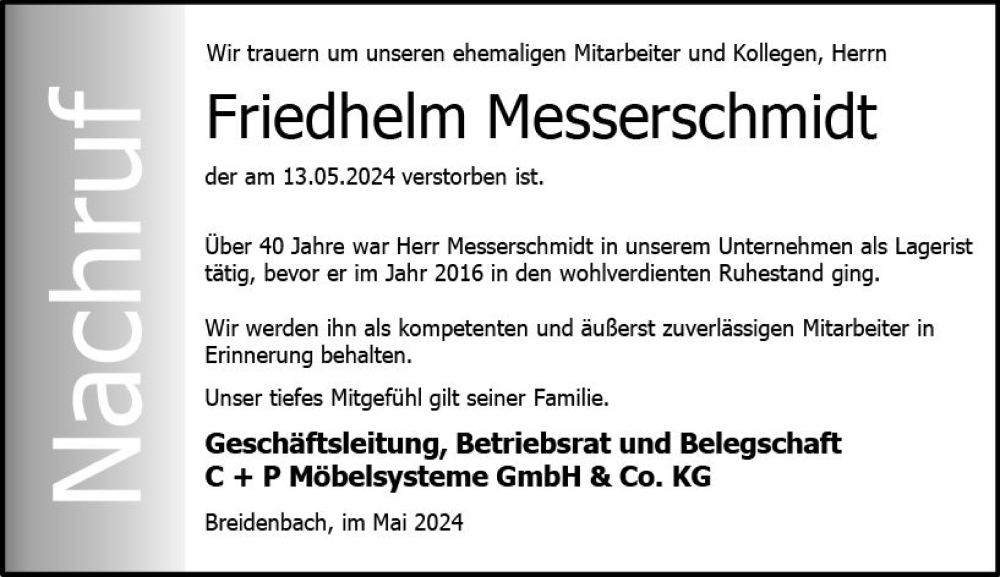 Traueranzeige für Friedhelm Messerschmidt vom 25.05.2024 aus Hinterländer Anzeiger