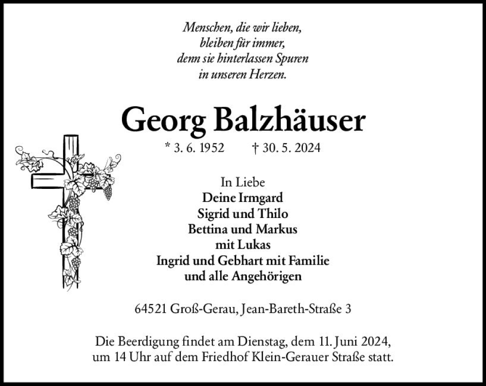 Traueranzeige für Georg Balzhäuser vom 01.06.2024 aus Groß-Gerauer Echo
