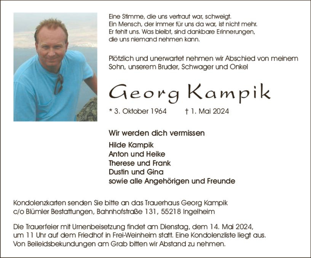  Traueranzeige für Georg Kampik vom 04.05.2024 aus Allgemeine Zeitung Bingen/Ingelheim