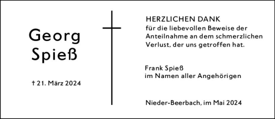 Traueranzeige von Georg Spieß von Darmstädter Echo