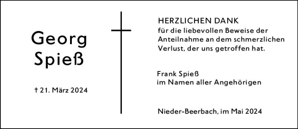  Traueranzeige für Georg Spieß vom 11.05.2024 aus Darmstädter Echo