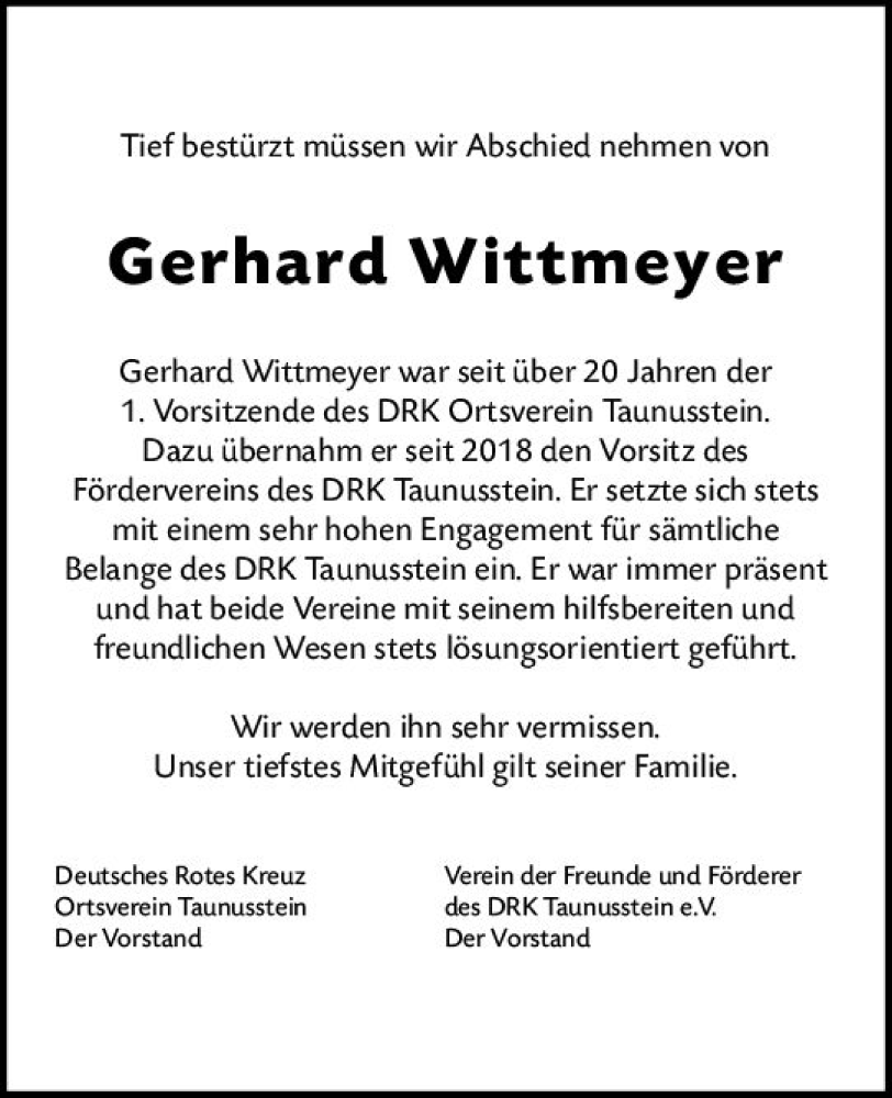  Traueranzeige für Gerhard Wittmeyer vom 18.05.2024 aus Wiesbadener Kurier