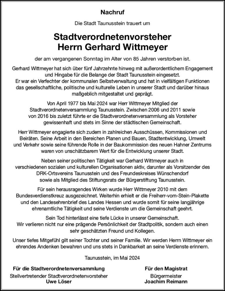  Traueranzeige für Gerhard Wittmeyer vom 18.05.2024 aus Idsteiner Land/Untertaunus