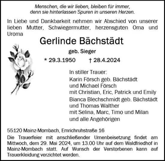 Traueranzeige von Gerlinde Bächstädt von Allgemeine Zeitung Mainz