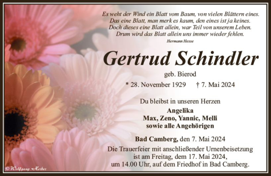 Traueranzeige von Gertrud Schindler von Camberger Anzeiger
