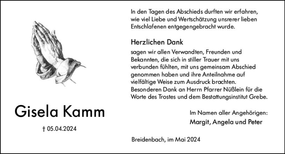  Traueranzeige für Gisela Kamm vom 18.05.2024 aus Hinterländer Anzeiger