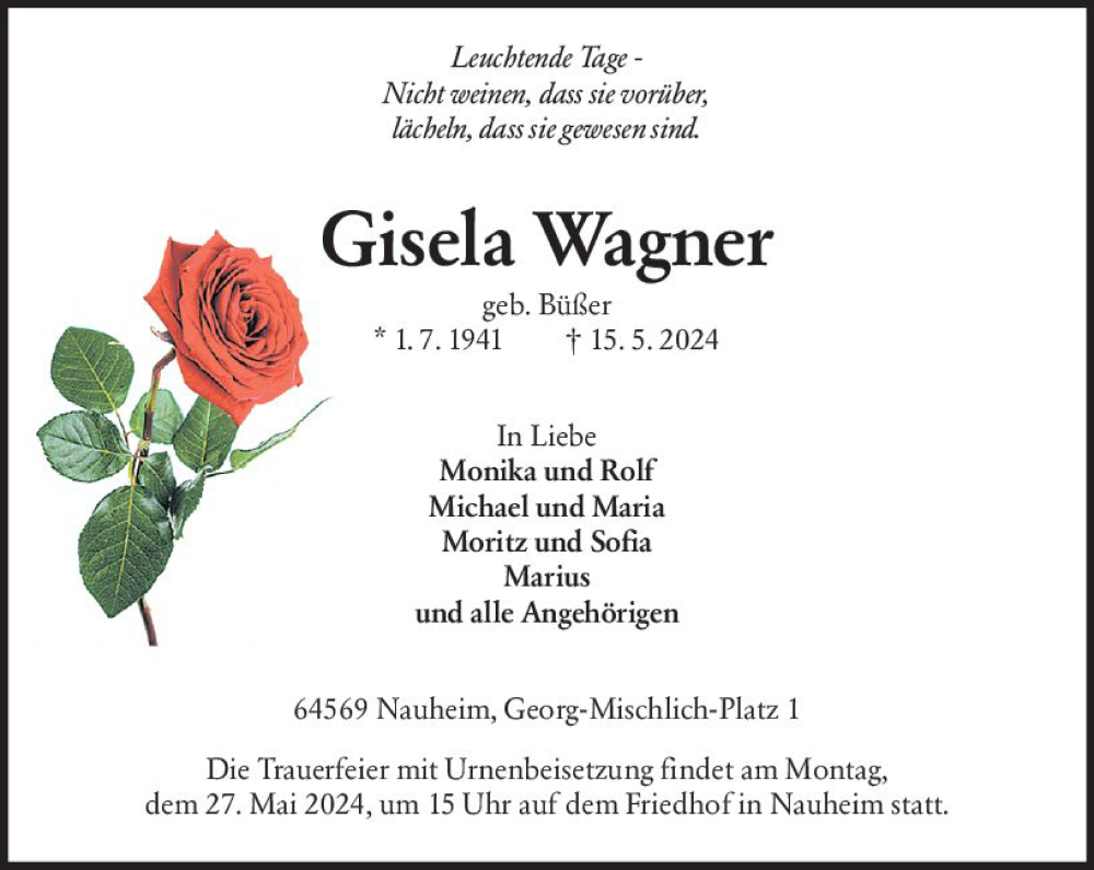  Traueranzeige für Gisela Wagner vom 25.05.2024 aus Groß-Gerauer Echo