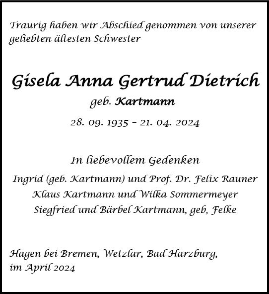  Traueranzeige für Gisela Anna Gertrud Dietrich vom 04.05.2024 aus Dill Block