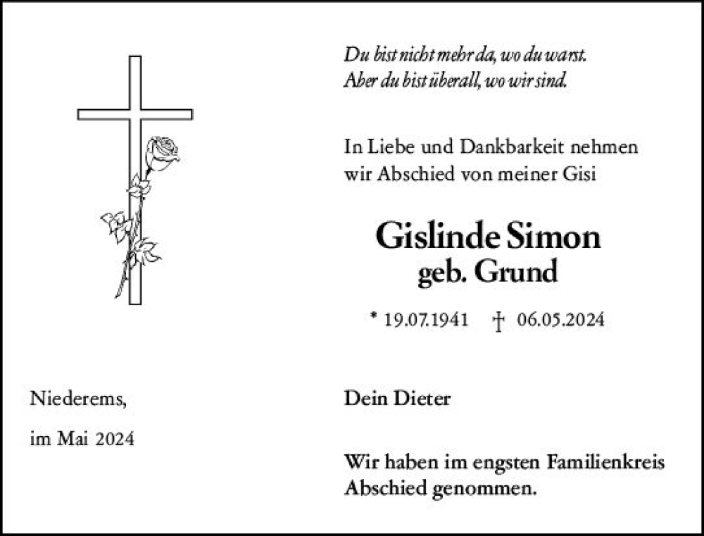  Traueranzeige für Gislinde Simon vom 31.05.2024 aus Camberger Anzeiger