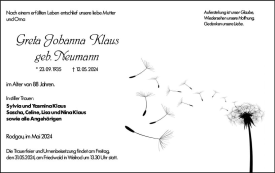 Traueranzeige von Greta Johanna Klaus von Weilburger Tageblatt