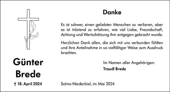 Traueranzeige von Günter Brede von Wetzlarer Neue Zeitung